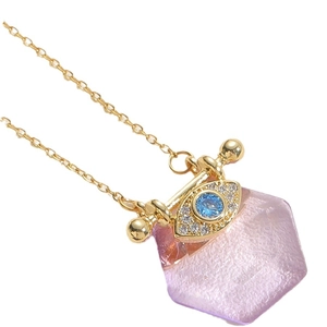 Vintage gold-plated evil eye necklace with hexagonal purple zircon pendant for women