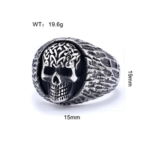 Front view of punk skull ring with embossed details showing dimensions 15mm by 19mm