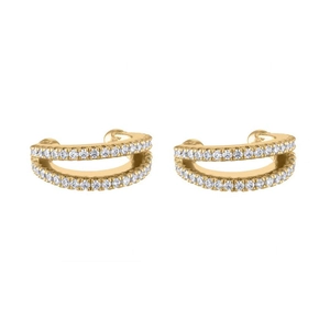 Golden C-shaped earrings with double-row micro-set white crystals on white background