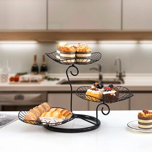Modern 3-tier black iron fruit basket with leaf-shaped tiered wire mesh trays