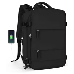 Black large capacity travel backpack with external USB charging port for business and laptop