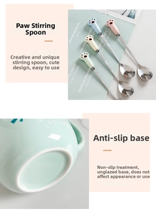 Detailed view of non-slip ceramic mug base and four colorful cat paw stainless steel spoons