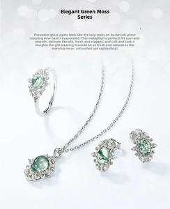 Detail view of natural moss agate jewelry set featuring s925 silver and green patterns