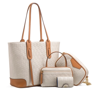 Chic cream and brown embossed tote bag set with four pieces for women