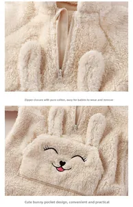 Detail of plush baby winter romper showing smooth zipper and cute rabbit pocket