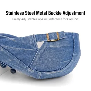 Adjustable washed denim beret featuring a vintage bronze buckle for custom head sizing