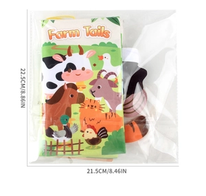 Detailed dimensions of Farm Tails baby cloth book with 3D animal tails and soft crinkle pages