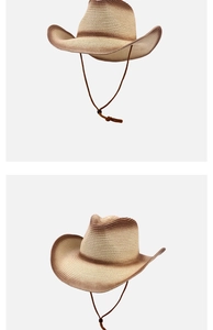 Close-up of woven straw cowboy hat with gradient khaki tones and adjustable chin strap