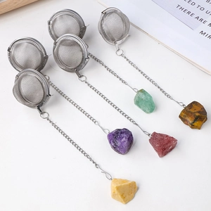 5-piece set of SUS304 stainless steel tea strainers with raw amethyst gemstone pendants