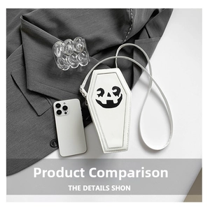 White coffin-shaped crossbody bag with black pumpkin face print and PU leather finish