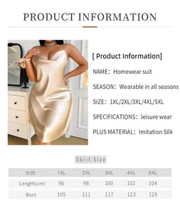 Size chart for plus size champagne silk satin slip nightdress from 1XL to 5XL