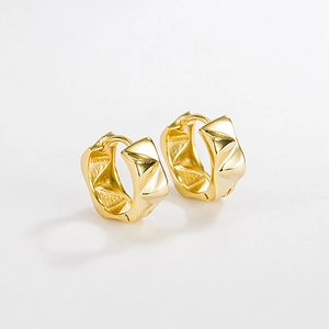 S925 Sterling Silver Geometric Rhombus Hoop Earrings For Women 18K Gold Plated Irregular Wave Textured Minimalist Jewelry Gift