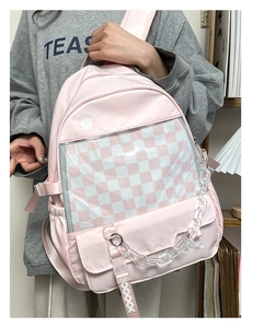 Pink preppy backpack detail featuring transparent ita-bag pocket and acrylic chain