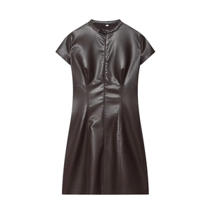 Short Sleeve PU Leather Dress Stand Collar Front Zipper Slim Fit Sexy Dark Brown Mini Bodycon