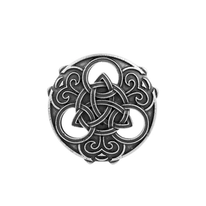 Detail of Nordic Viking brooch featuring Celtic Triquetra knot with vintage silver finish