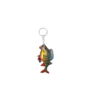 Detail of realistic bass fish keychain with fishing lure pendant and silver metal ring