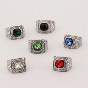 Hip hop octagonal stainless steel ring set with round zircon and colorful gemstones
