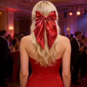 Close-up of a large red metallic bow hair clip with long ribbons worn on blonde hair