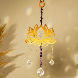 Detailed golden lotus suncatcher with purple amethyst beads and clear crystal prism ball
