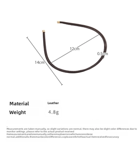 Detail view of slim brown leather headband showing dimensions of 14cm by 12cm with gold tips