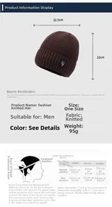Size chart and dimensions for the winter knitted beanie featuring a branded cloth label