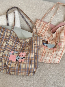 Retro plaid canvas tote bags with cute animal embroidery and large capacity for women