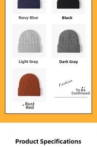 Detailed view of thick knit beanies in navy, black, grey, and rust red winter colors