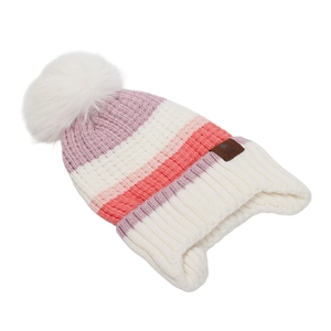 Winter striped knit beanie with colorful stripes and white faux fur pom-pom