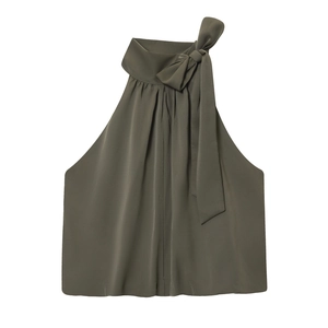 Olive green halter neck top with a bow-tie design in a smooth silky satin finish