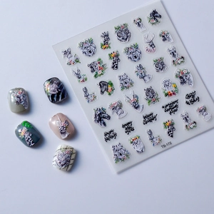 5D Relief Nagelaufkleber mit Tiermotiven Zebra Wolf und Blumen für 3D Nageldekoration