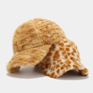 Plush leopard print baseball cap with fuzzy texture and warm faux fur material for winter