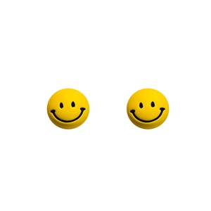 Minimalist yellow smiley face stud earrings with matte resin finish on white background