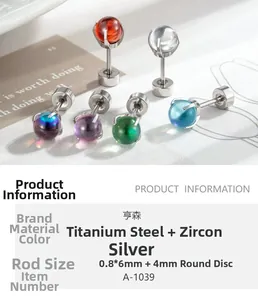 Macro detail of titanium steel piercing studs with colorful zircon stones and dimensions