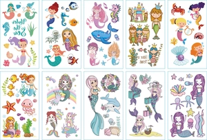 Detailed set of 10 colorful mermaid themed temporary tattoos with cute marine animals
