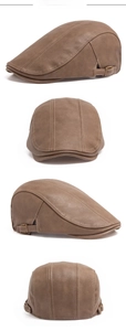 Detailed views of brown PU leather flat cap with metal side adjustment buckles