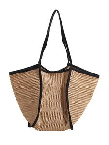 Large capacity woven straw tote bag with black trim and handles for summer commuting