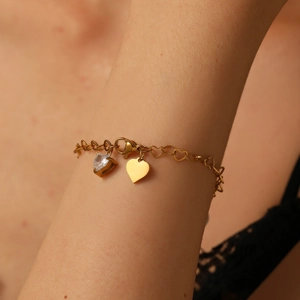 Stainless Steel Heart Link Chain Bracelet With Double Heart Pendants Clear Cubic Zirconia Minimalist Fashion For Women