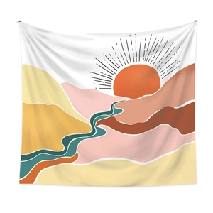 Bohemian tapestry featuring abstract sun, mountain landscape and river illustration