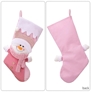 Detailed front and back view of pink plush Christmas stocking with snowman ornament
