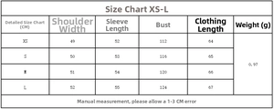 Size chart for the short double-breasted coat showing XS to L measurements in cm