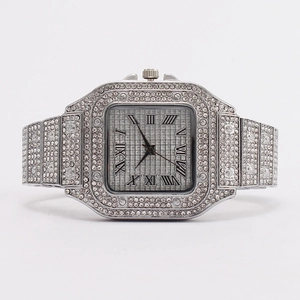 Square silver quartz watch with full crystal pavé bezel and Roman numeral dial