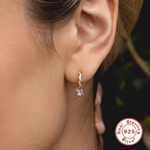 Elegant 925 sterling silver gold hoops with purple petal charm and white gemstone