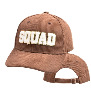Brown corduroy baseball cap featuring SQUAD chenille letter patch and metal back buckle