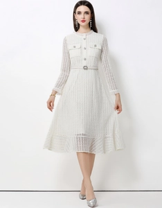 Abito Midi Elegante In Pizzo Da Donna Maniche Lunghe Vita Alta Vestibilità Aderente Con Cintura Stile Francese Party