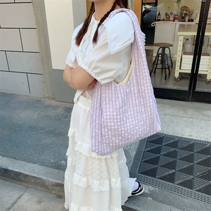 Minimalist lavender checkered tote bag in large capacity canvas for casual shoulder wear