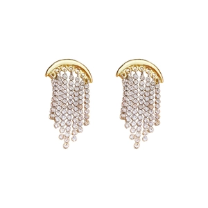 Elegant gold moon earrings with sparkling rhinestone tassels on a clean white background