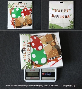 Detail view of forest animal themed birthday banner with fox, hedgehog and owl illustrations