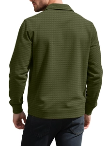 Macro detail of olive green men's cardigan showing premium quilted waffle texture on the back