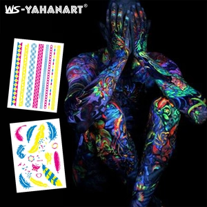Luminous UV fluorescent tattoos featuring feathers and geometric patterns on skin