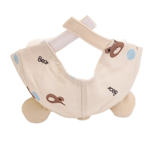 Beige baby cotton bib with cute bear print and polka dots featuring a velcro closure